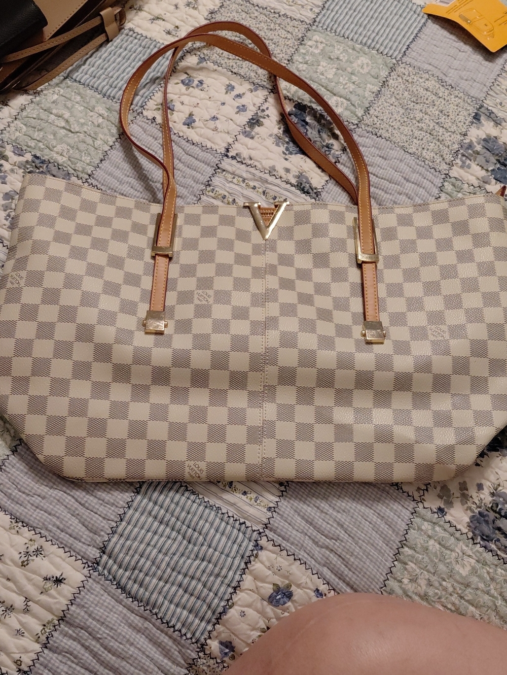 Designer-Style Cream Checkered Tote Bag with Tan Straps